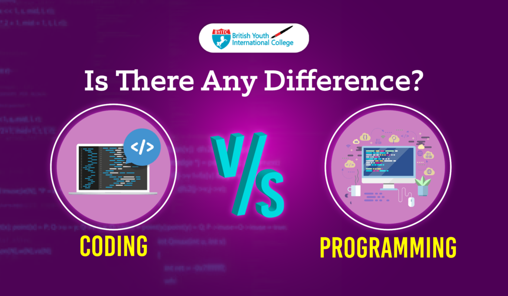 An image depicting the difference between coding and programming.