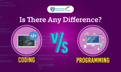 An image depicting the difference between coding and programming.