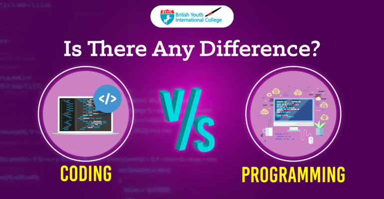 An image depicting the difference between coding and programming.